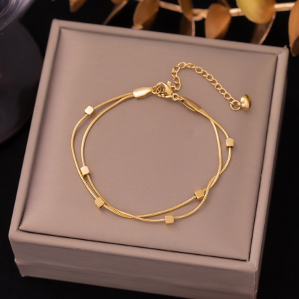 Double-Layer Golden Anklet with Cube Beads