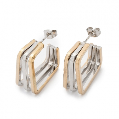 Geometric Dual-Tone Stud Earrings – Square Layered Design