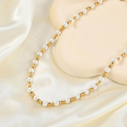 Women’s Pearl & Bamboo Link Necklace
