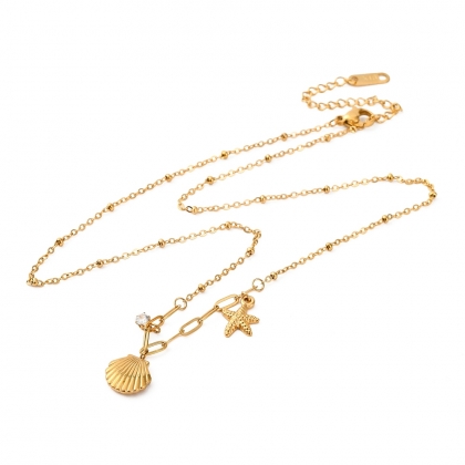 Sea-Inspired Pendant Necklace – Shell, Starfish & Zircon Charms