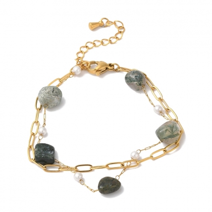 Natural Moss Agate Bracelet with Pearl Accents