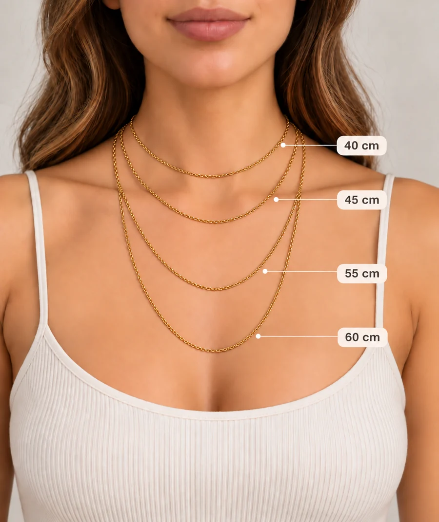 Necklace length guide: 40, 45, 55 and 60 cm on a model